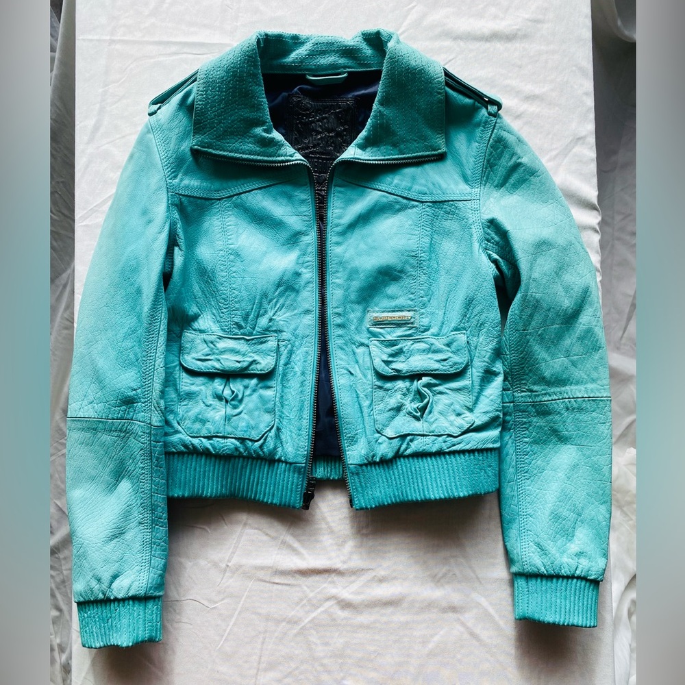 Superdry Leather Jacket - Light Blue